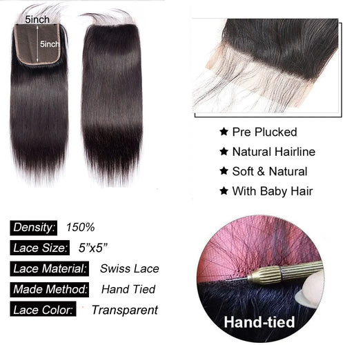 4x4 5x5 6x6 Lace Closure Straight Human Hair  Transparent