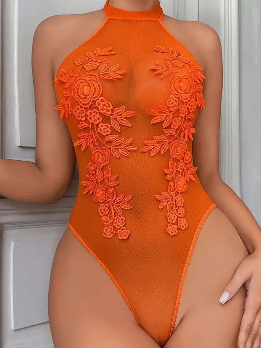 New Sexy Women Bodysuits Crotchless Flower