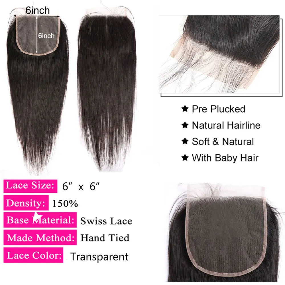 4x4 5x5 6x6 Lace Closure Straight Human Hair  Transparent