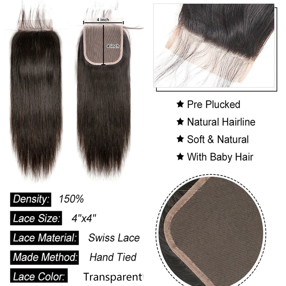 4x4 5x5 6x6 Lace Closure Straight Human Hair  Transparent