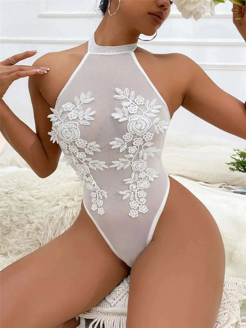 New Sexy Women Bodysuits Crotchless Flower