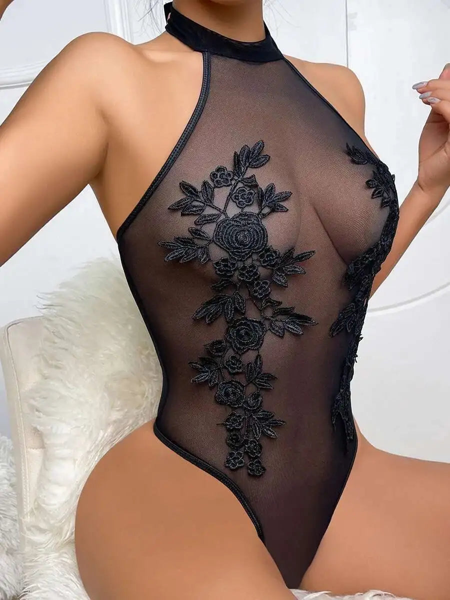 New Sexy Women Bodysuits Crotchless Flower