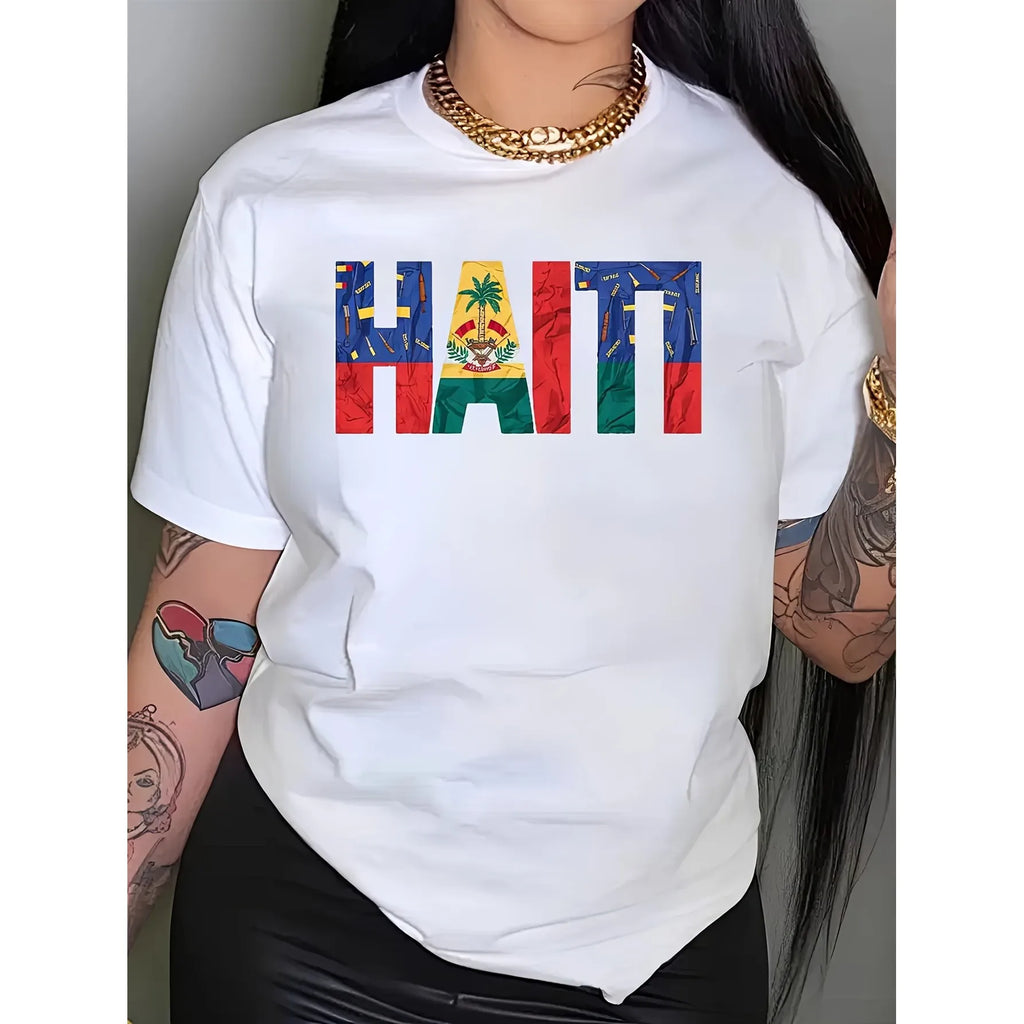 Haiti Flag Graphic T Shirt Haitian Crest Palm Trees Cotton Casual Crew Neck Tee